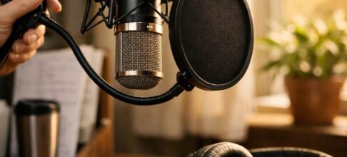 A high-resolution photograph of a small, warmly lit home studio: a condenser microphone suspended from a shock mount, a pop filter, and a pair of well-worn headphones resting on a wooden desk. In the background, softly blurred, a bookshelf holds annotated scripts and a travel mug; a window shows late-afternoon light falling on a potted plant. The subject’s hand—only partially in frame—adjusts the mic arm, suggesting hands-on craft and intimacy. The overall mood is focused, creative and quietly powerful, emphasising the personal, portable and meditative nature of voice work.