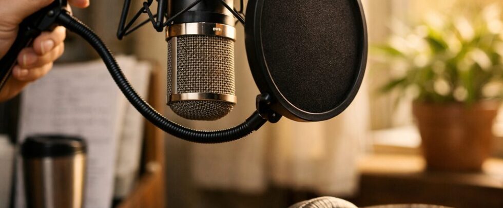 A high-resolution photograph of a small, warmly lit home studio: a condenser microphone suspended from a shock mount, a pop filter, and a pair of well-worn headphones resting on a wooden desk. In the background, softly blurred, a bookshelf holds annotated scripts and a travel mug; a window shows late-afternoon light falling on a potted plant. The subject’s hand—only partially in frame—adjusts the mic arm, suggesting hands-on craft and intimacy. The overall mood is focused, creative and quietly powerful, emphasising the personal, portable and meditative nature of voice work.