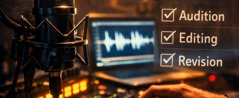 A cinematic, close-up image of a sound engineer’s hands hovering over a mixing console in a dimly lit studio. In the foreground, a professional condenser microphone with a pop shield catches a soft rim of light. On the mixing desk, brightly lit meters and a laptop waveform display show an active recording session. A second visual layer shows a blurred calendar with ‘24h’ circled in red and a translucent checklist overlay—audition, editing, revision—conveying urgency balanced by process and craft.